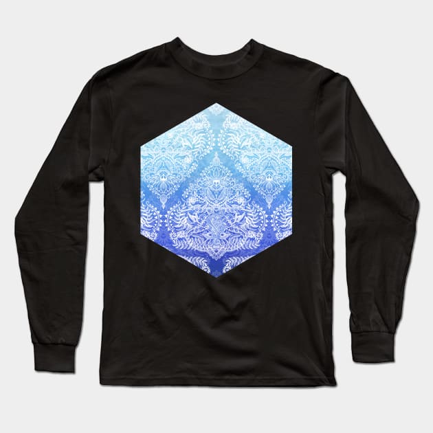 Out of the Blue - White Lace Doodle in Ombre Aqua and Cobalt Long Sleeve T-Shirt by micklyn